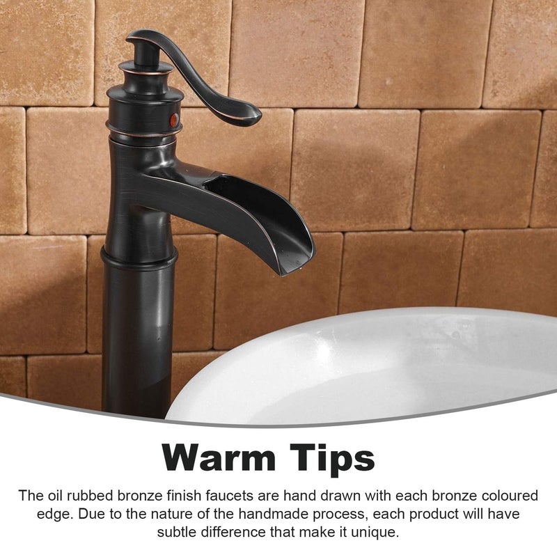 BWE Bronze Vessel Sink Faucet Waterfall Single Handle Bathroom Faucet One Hole Tall Body Vanity Faucets with Faucet Supply Hose Deck Mount,Oil Rubbed Bronze - Image 4